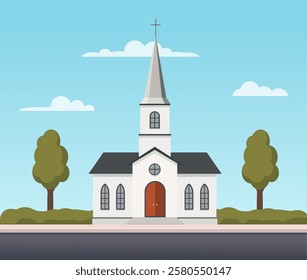 Church building, front view. Modern church on a street in summer in flat style.Vector stock