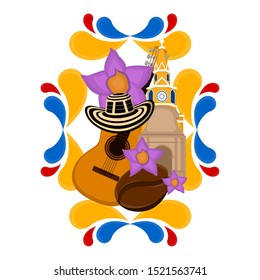 Church building with a hat, coffee bean and guitar. Representative image of colombia - Vector