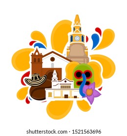 Church building with a hat and marimonda mask. Representative image of colombia - Vector