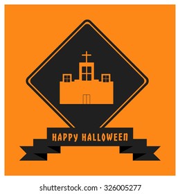 Church building icon. Black Happy Halloween Ribbon Banner on Orange background. Vector illustration