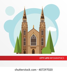 Church building icon in the flat style. Roman catholic church. Concept for city infographic. Different types of the cultural life of the city in the flat style.