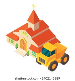 Icono de construcción de iglesia vector isométrico. Tapón industrial cerca de la iglesia cristiana. Concepto de construcción