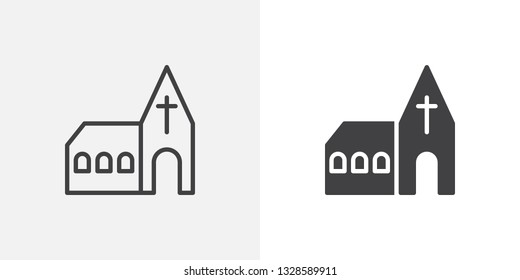 Church building icon. line and glyph version, outline and filled vector sign. Monastery linear and full pictogram. Symbol, logo illustration. Different style icons set