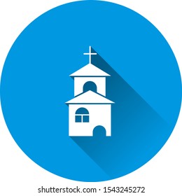 Church building icon. Vector religious church illustration on blue background. Flat image with long shadow.