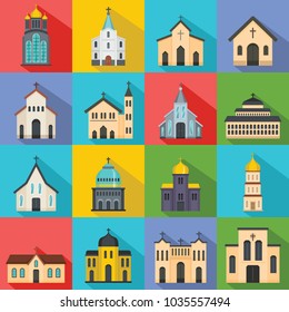 Church building icons set. Flat illustration of 16 church building vector icons for web