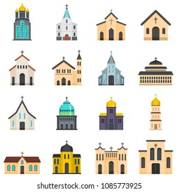 Church building icons set. Flat illustration of 16 church building vector icons isolated on white