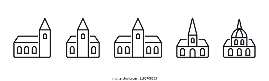 Church building line icon set. Simple architectural church buildings for web and print isolated on white background.