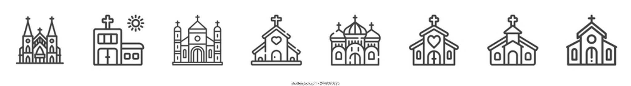 Church building line icon set. Eight Icons of Christian religion.