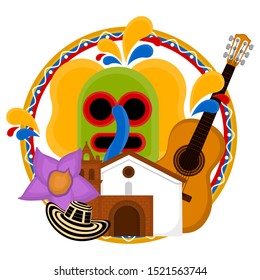 Kirchengebäude mit Marimonda-Maske, Hut, Blume und Gitarre. Repräsentatives Bild der Kolumbien - Vektorillustration