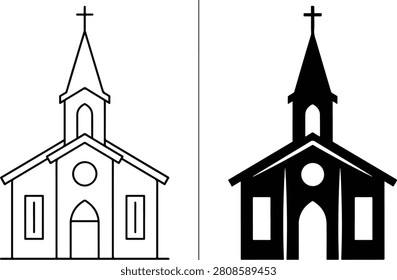 Church building outline and solid silhouette icons with building religion christianity architecture religious structure silhouette