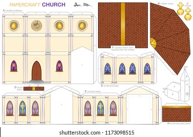 Church building paper craft model. Cut-out sheet for making a detailed 3d scale model church with steeple, nave, altar extension, colorful windows, belfry, tower clock, shingle roofs and golden cross.