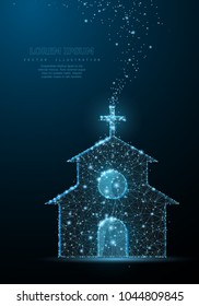 Church building. Polygonal wireframe mesh on blue night sky night sky with dots, stars and looks like constellation. Illustration or background