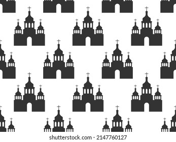 Church building seamless pattern. Black silhouette of a church on a white background. Design for banners, posters and promotional items. vector illustration