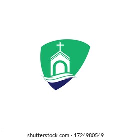 Church building shield shape concept logo design. Template logo for churches and Christian. Cross church building logo.