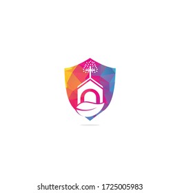 Church building shield shape concept logo design. Template logo for churches and Christian. Cross church building logo.