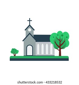 Church building sign icon with tree. Vector illustration. Flat design. 
