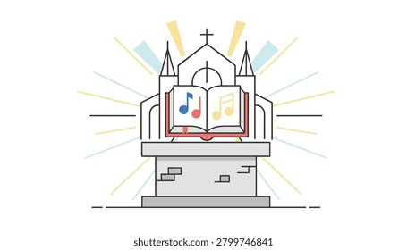Church building silhouette featuring an open hymnal with colorful musical notes and radiating light beams in a minimalist flat style for religious music programs.