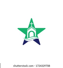 Diseño del logo de la estrella de la forma de la iglesia. Logo de plantilla para iglesias y cristianos. Logo de la construcción de la iglesia cruzada.	