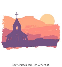 Church building at sunset or sunrise. Community worship unity symbol. Brush paint backdrop