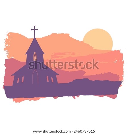 Church building at sunset or sunrise. Community worship unity symbol. Brush paint backdrop