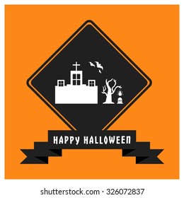 Church building with tree and bats flying icon. Black Happy Halloween Ribbon Banner on Orange background. Vector illustration