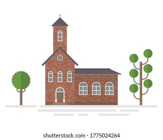 Church building and trees vector illustration isolated on white background