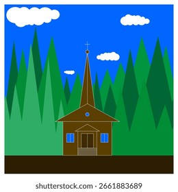 Vector del edificio de la iglesia. Ilustración de la capilla del bosque. Estructura de madera marrón. Fondo de cielo azul. EPS 10.