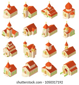 Church building wooden icons set. Isometric illustration of 16 church building vector icons for web