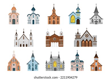 Church buildings. Abbey chapel. Bell tower. Religious architecture. Faith in Jesus. Family wedding or garish business. Gothic monastery. Vector wooden and stone catholic temples set