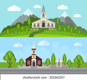 Church buildings in countryside landscape flat horizontal banner set isolated vector illustration