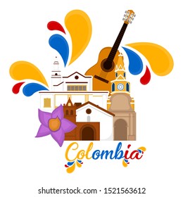 Church buildings with a flower and guitar. Representative image of colombia - Vector