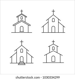 church buildings line black icons set on white background