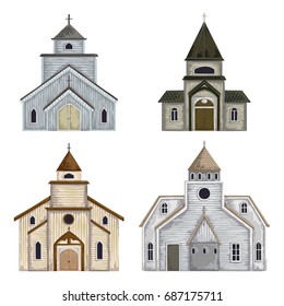 Church buildings set. Isolated elements on white background. Vintage vector illustration in watercolor style