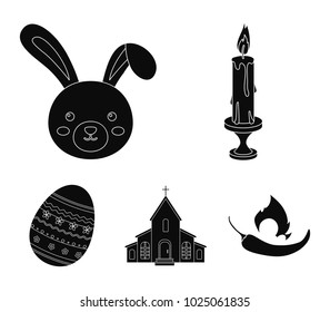 Church, candle, easter bunny and painted egg.Easter set collection icons in black style vector symbol stock illustration web.