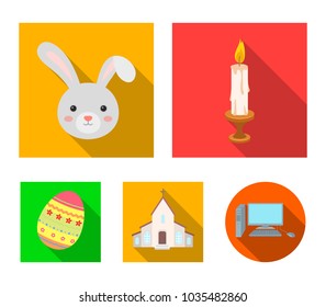 Church, candle, easter bunny and painted egg.Easter set collection icons in flat style vector symbol stock illustration web.