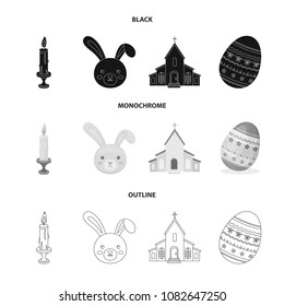 Church, candle, easter bunny and painted egg.Easter set collection icons in black,monochrome,outline style vector symbol stock illustration web.