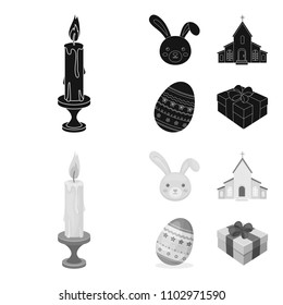 Church, candle, easter bunny and painted egg.Easter set collection icons in black,monochrome style vector symbol stock illustration web.