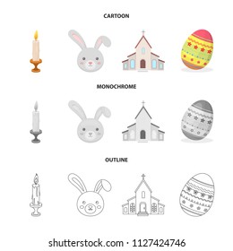Church, candle, easter bunny and painted egg.Easter set collection icons in cartoon,outline,monochrome style vector symbol stock illustration web.