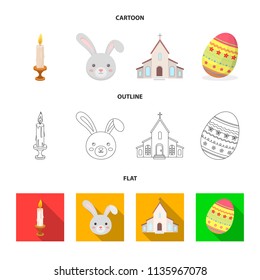 Church, candle, easter bunny and painted egg.Easter set collection icons in cartoon,outline,flat style vector symbol stock illustration web.