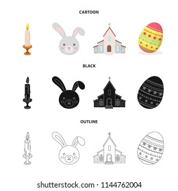 Church, candle, easter bunny and painted egg.Easter set collection icons in cartoon,black,outline style vector symbol stock illustration web.