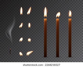 Church candle with set of glowing and extinct flame and smoke vector illustration. 3D realistic wax candle with fire on wick, animation sequence collection of warm fire on dark transparent background