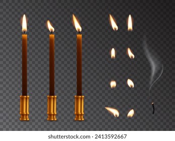 Church candle with set of glowing and extinct flame and smoke vector illustration. 3D realistic wax candle with fire on wick, animation sequence collection of warm fire on dark transparent background.