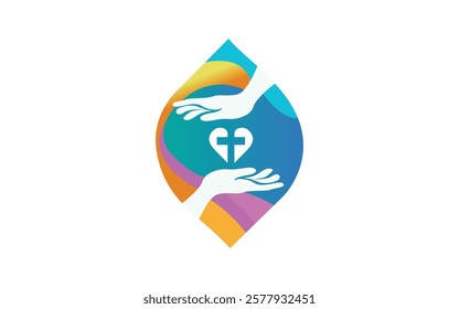 Church care with hand logo icon Heart with cross love symbol on white background. Charity logo with love design community love care