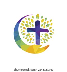 Church care vector logo design template. Cross tree with human hand icon logo design.