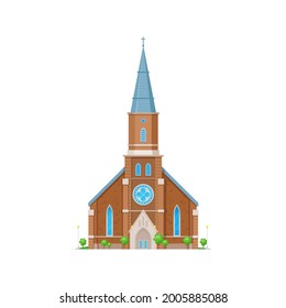 Church or chapel of cathedral, medieval gothic temple building, vector religion place architecture. Christian catholic or evangelic church with crosses on steeples, flat facade