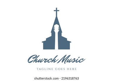 Silueta de la capilla de la iglesia con diseño de logo de la canción musical de la guitarra para la religión