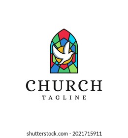 Church Christian Catholic Logo Vector Icon With With Flying Dove And Window On White Background