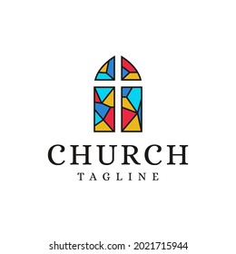 Church Christian Catholic logo vector icon with with cross and colorful window on white background