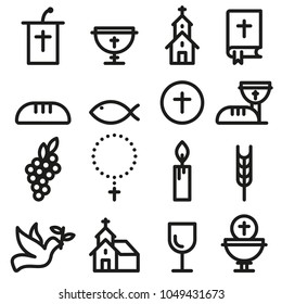 Church and Christian Community Flat Outline Icons. Communion Vector Set.
