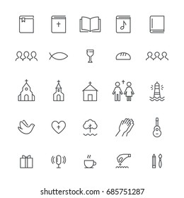 Church and Christian Community Flat Outline Icons. Vector Set.